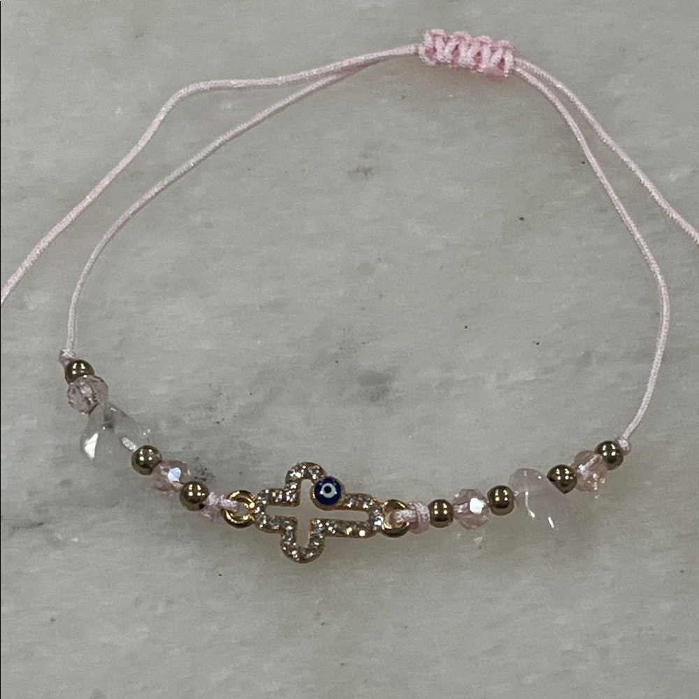 Pink Rose Quartz Evil Eye Bracelet with Gold Accents